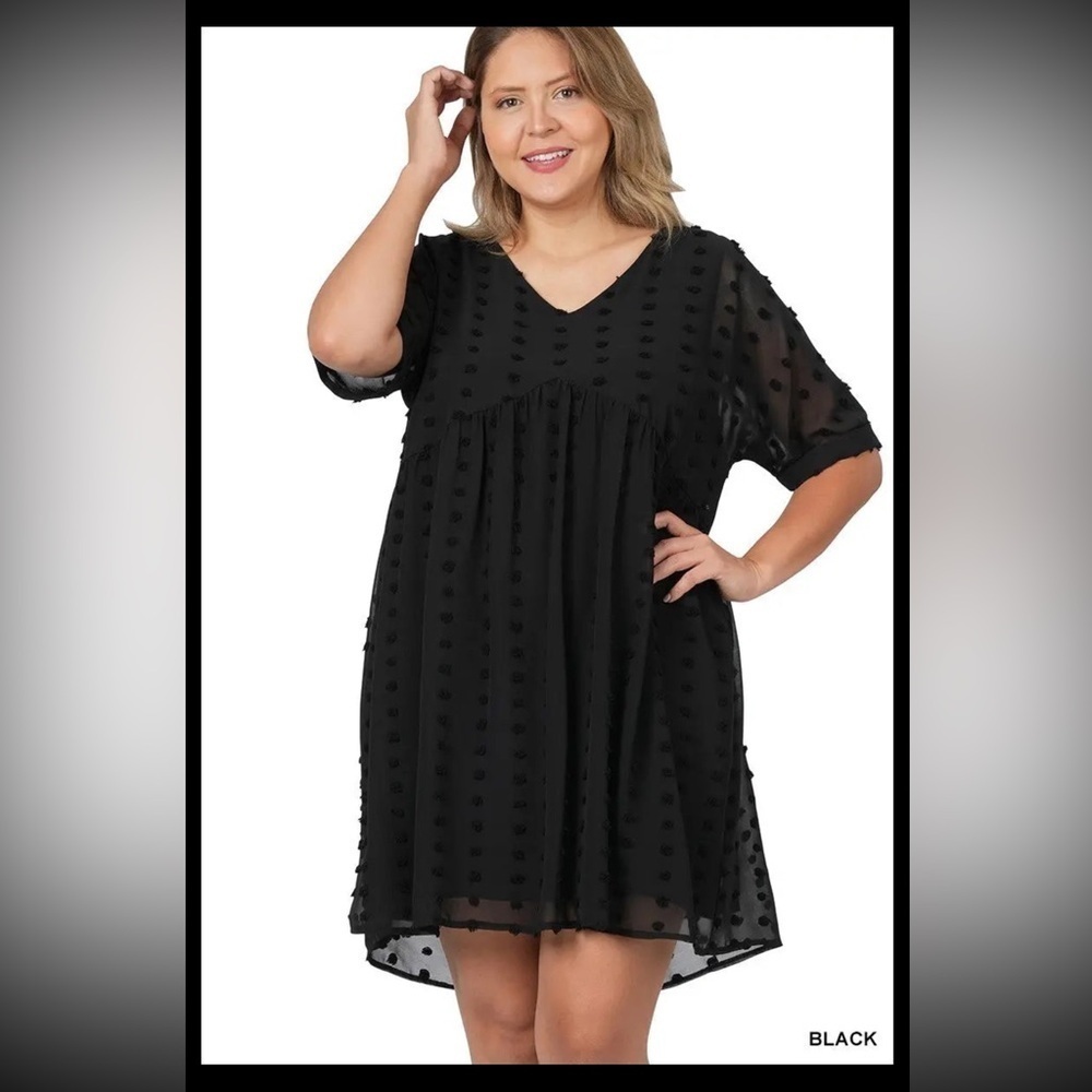 Zenana Plus Size Black Twist Dot V-neck Mini Dress